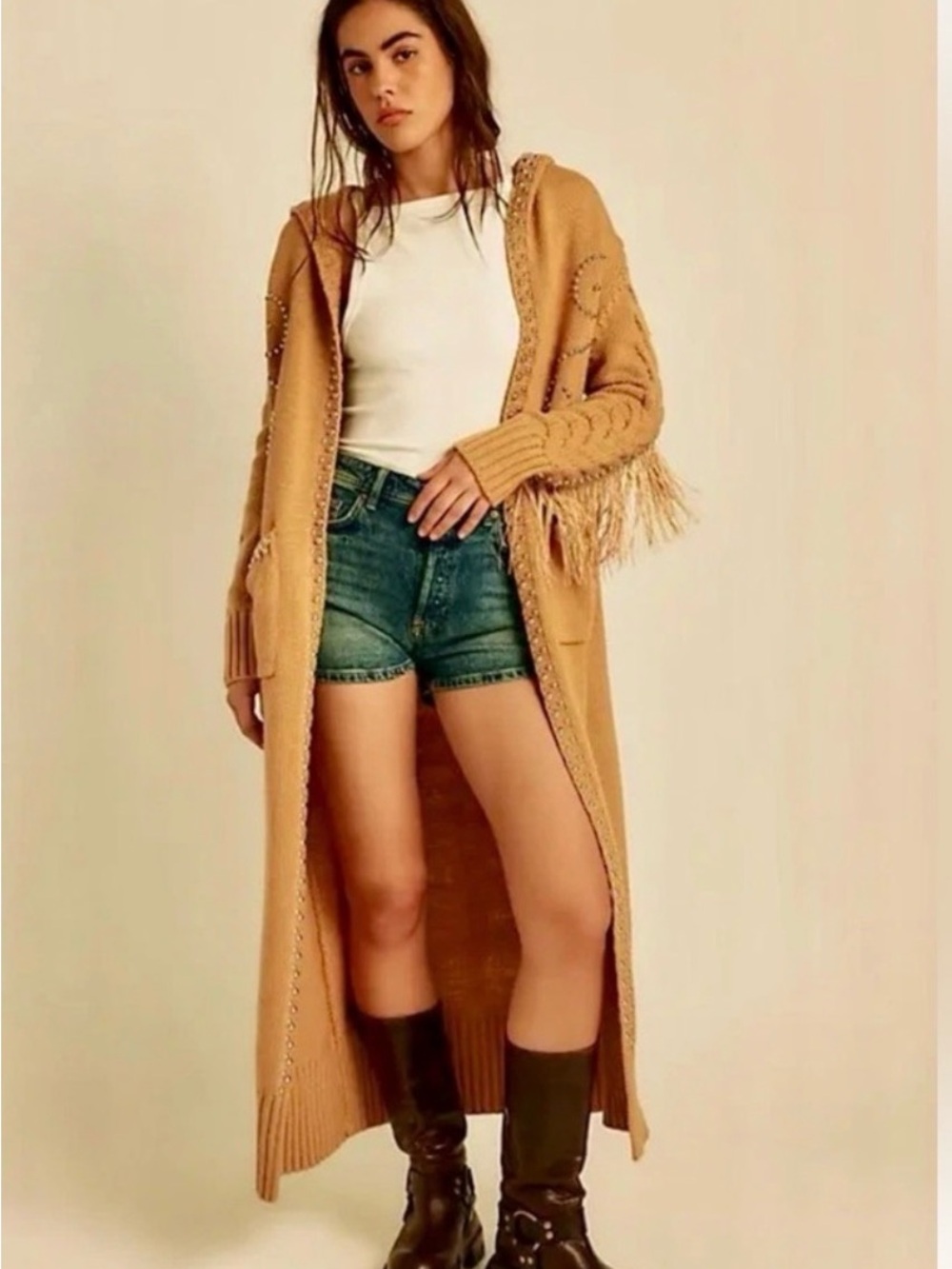 Fringe-Trim Long Open-Front Cardigan Sweater in Camel